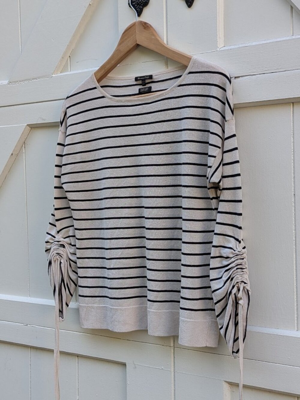 Massimo Dutti Cream Black Striped Italian Yarn Ruched Drawstring Sleeve Top S